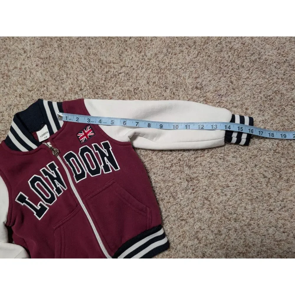 London Toddler Boys Maroon Cream Varsity Jacket Souvenir Bomber Coat Size 1/2